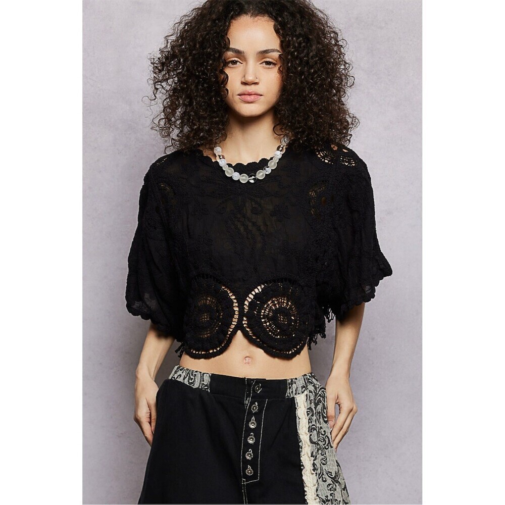 POL Boho Crochet Embroidered Cropped Top OS BlacK Festive Hippie Gypsy Gothic - Picture 5 of 15